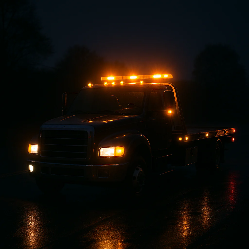 Work truck with amber lighting at night