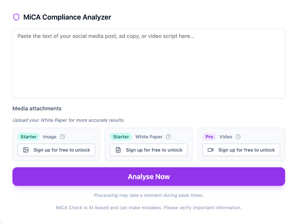 MiCA Check compliance analyzer — paste your content and get an instant compliance score