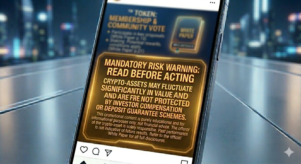 Example of a Risk-First visual: mandatory risk warning prominently displayed on a crypto social media post