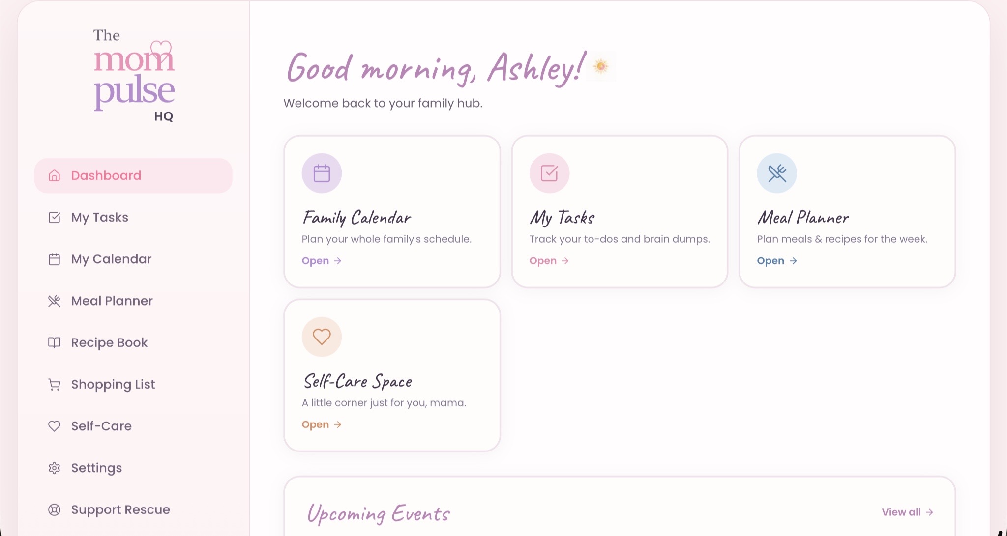 The Mom Pulse HQ dashboard showing the family calendar, tasks and meal plan