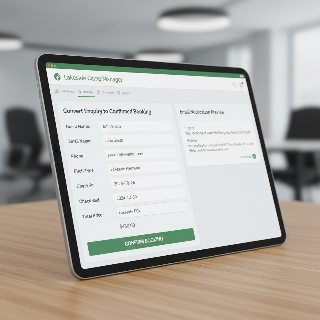 Enquiries to Bookings — campsite booking software screenshot