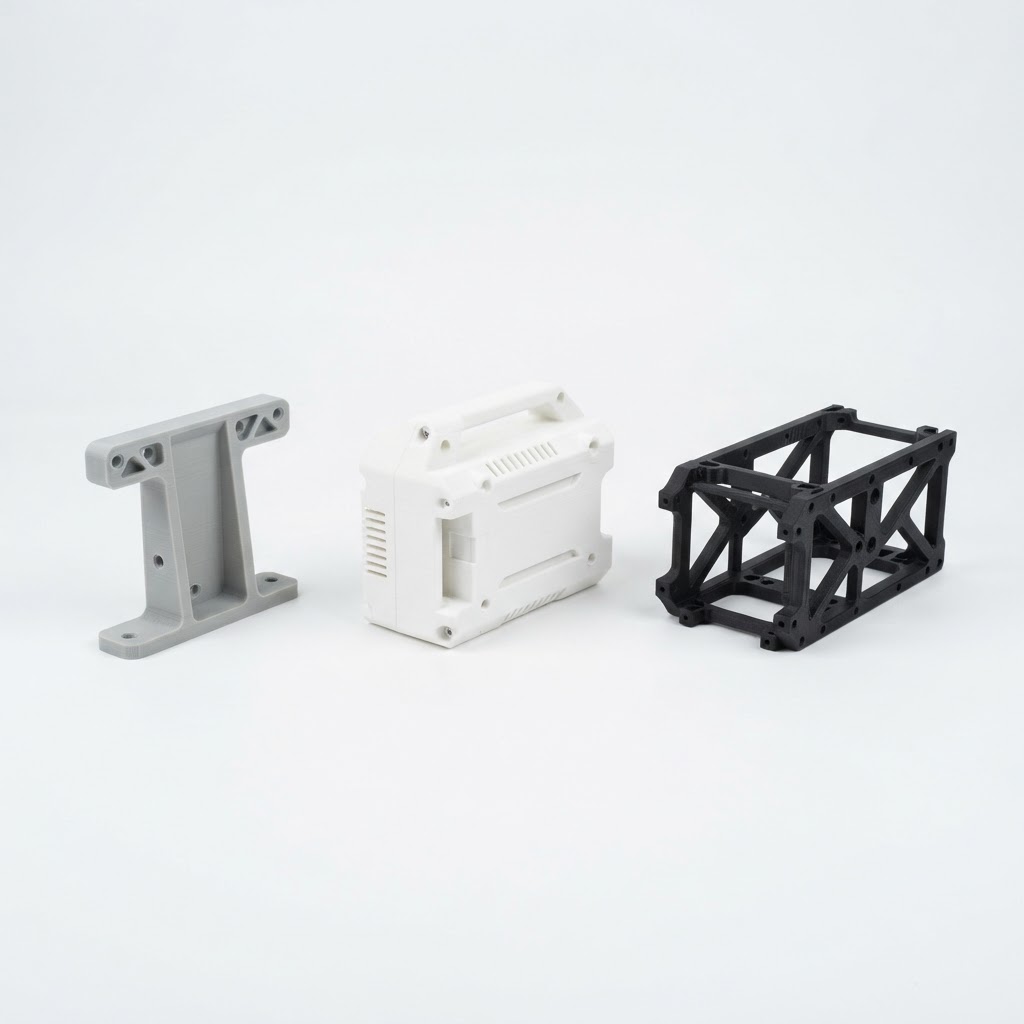 Finished 3D-printed parts — bracket, shell, and support frame