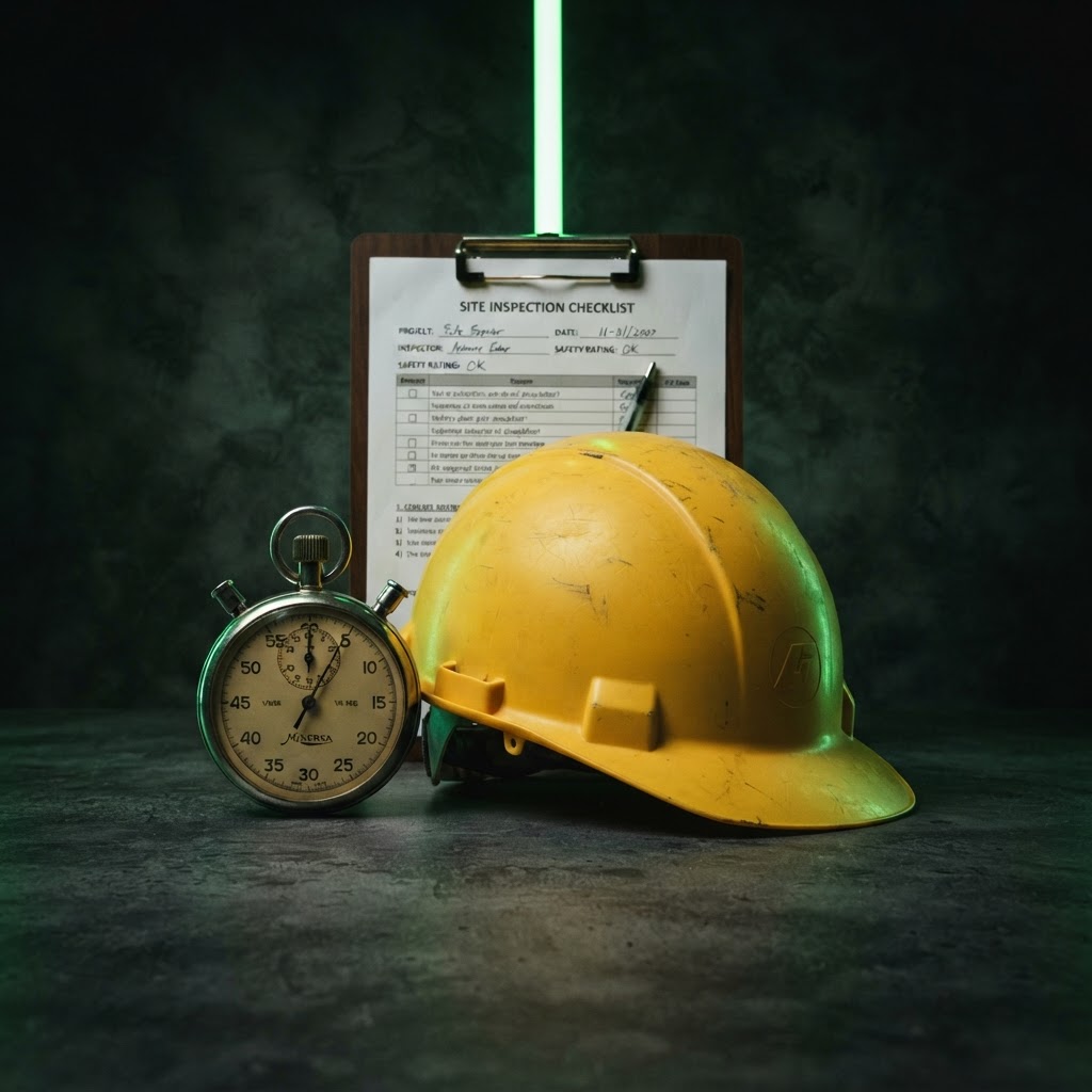 Hard hat with stopwatch and clipboard