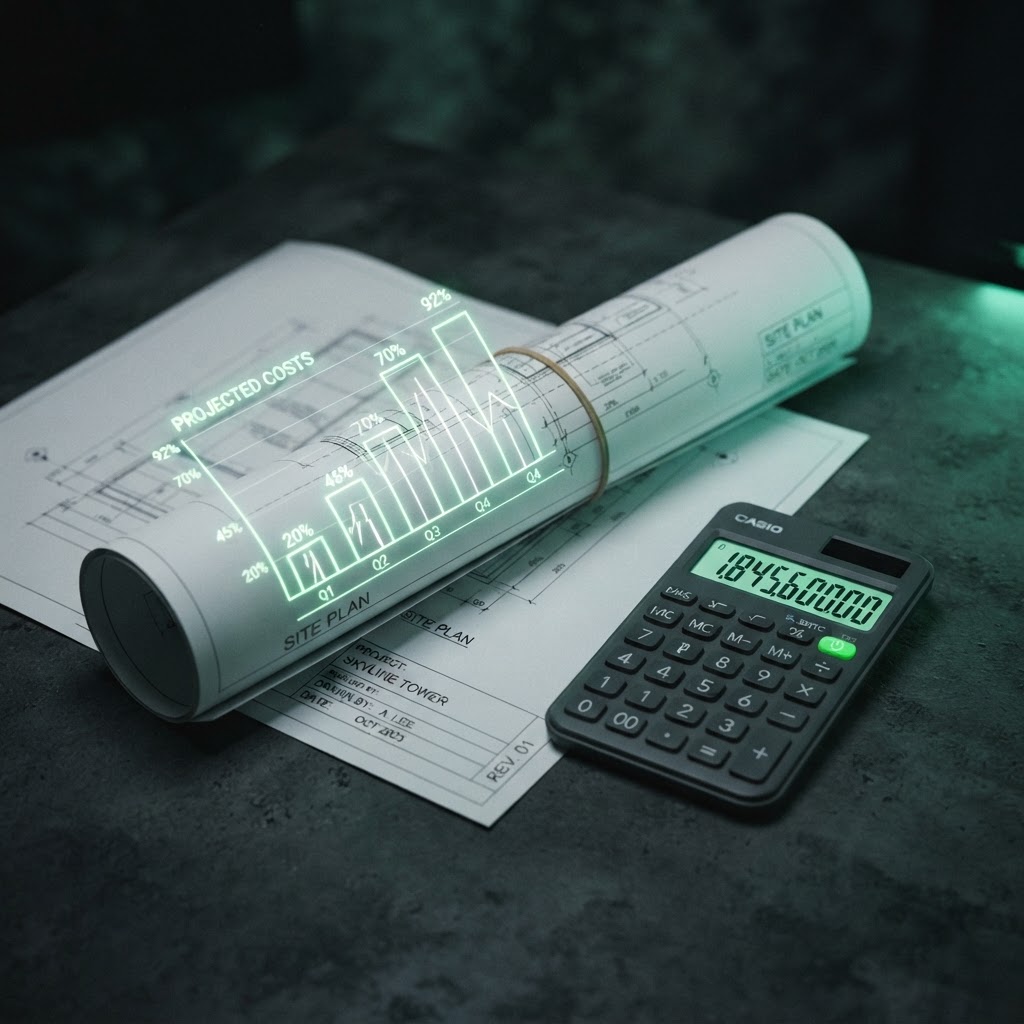 Project blueprint with a financial chart overlay