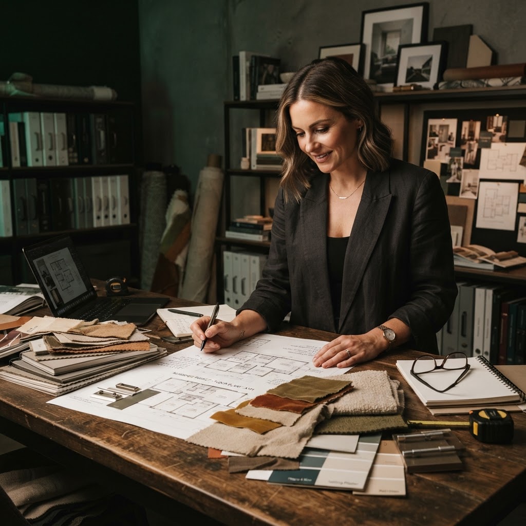 Interior designer reviewing fabric swatches and floor plans
