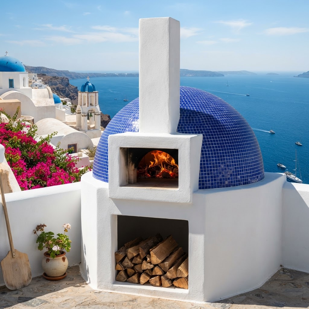 Greek Cobalt style masonry oven finish