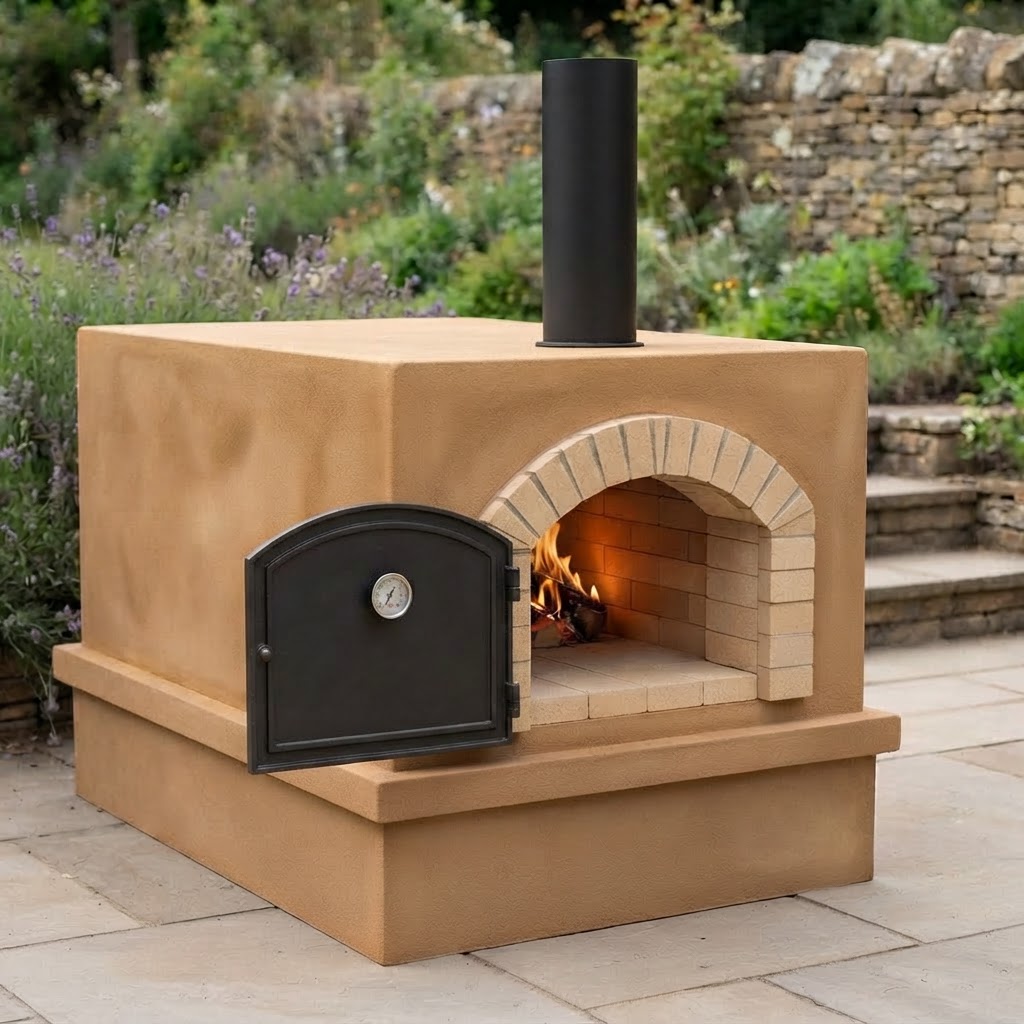 A square bread-hearth masonry oven built for a home baker in Eastern Ontario