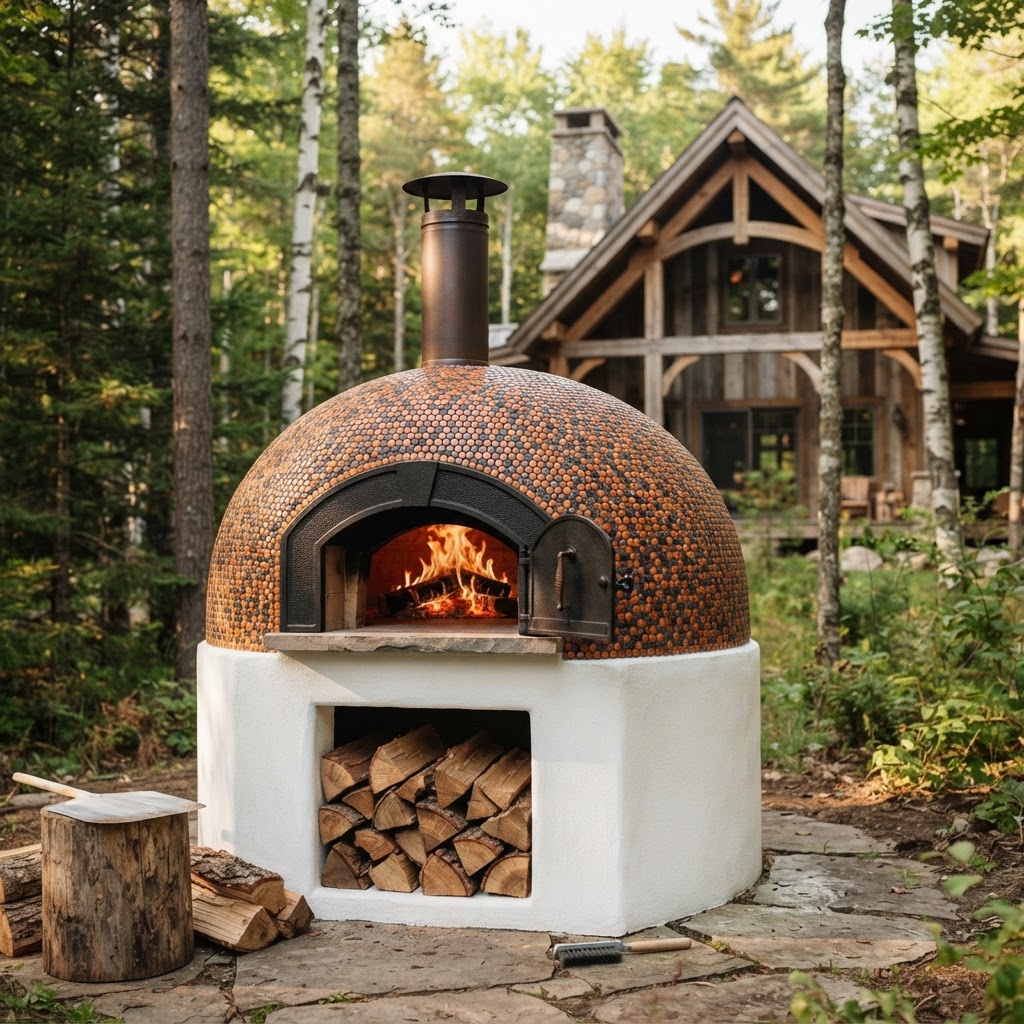 A finished masonry oven with a warm tile finish set among autumn pumpkins at an Eastern Ontario home