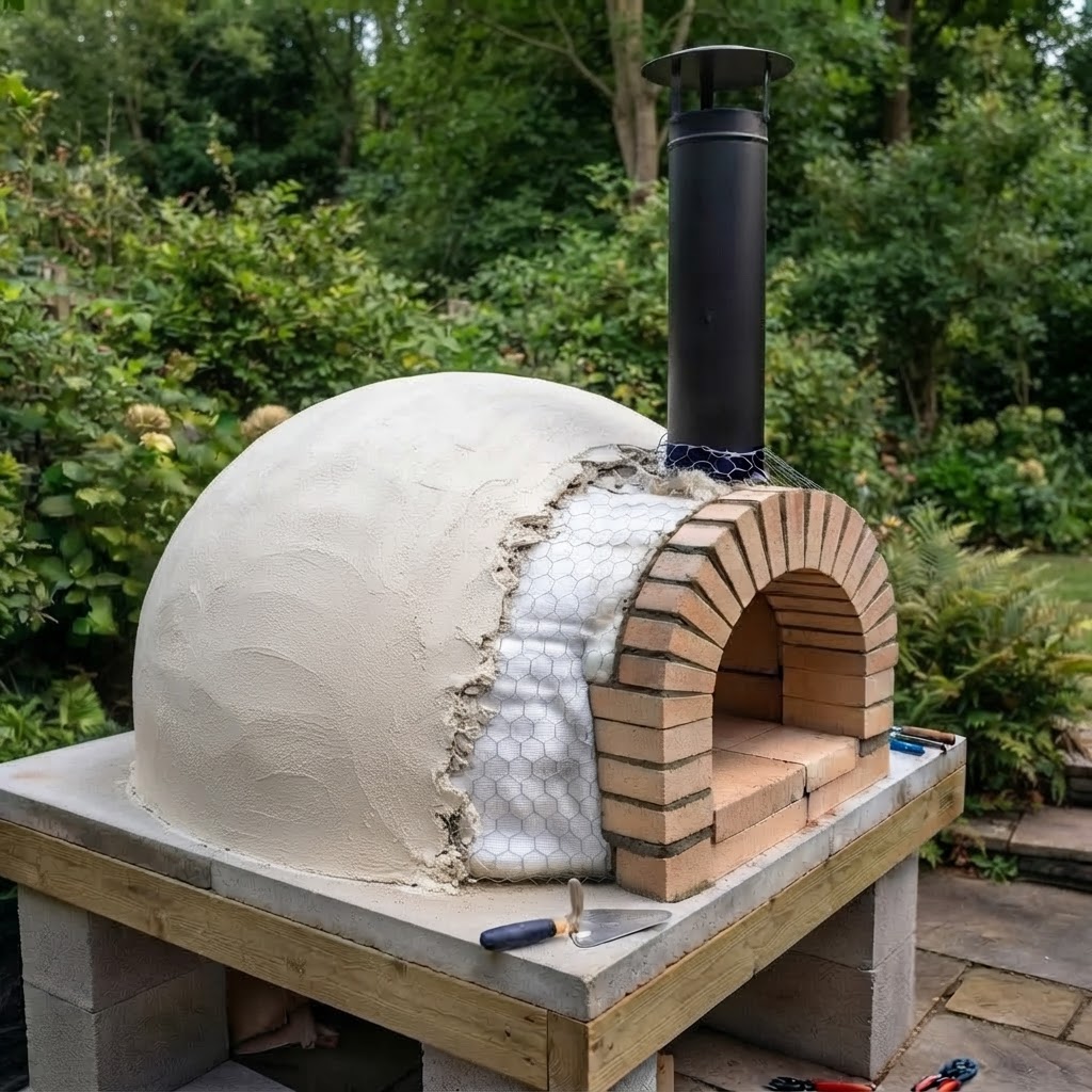 Perlite render hand-trowelled over the insulation blanket