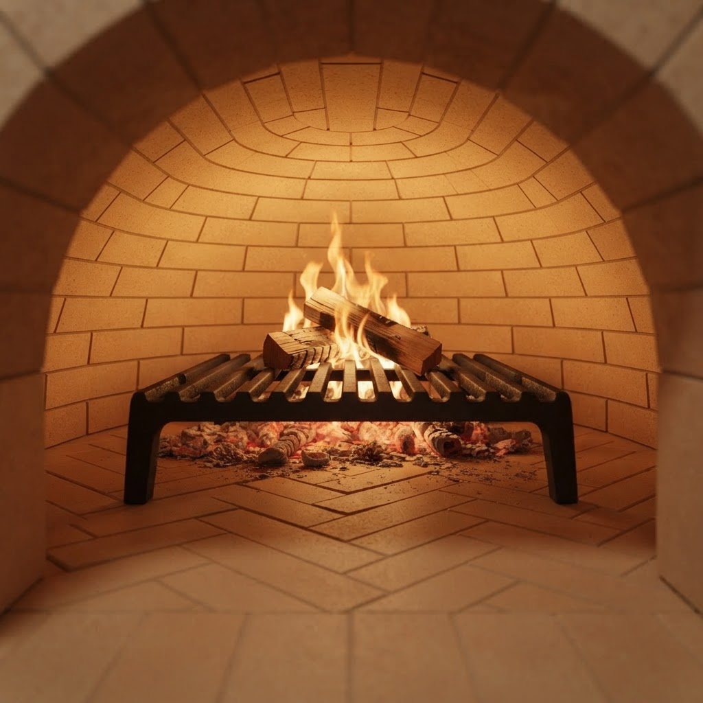 Cast-iron fire grate holding burning firewood