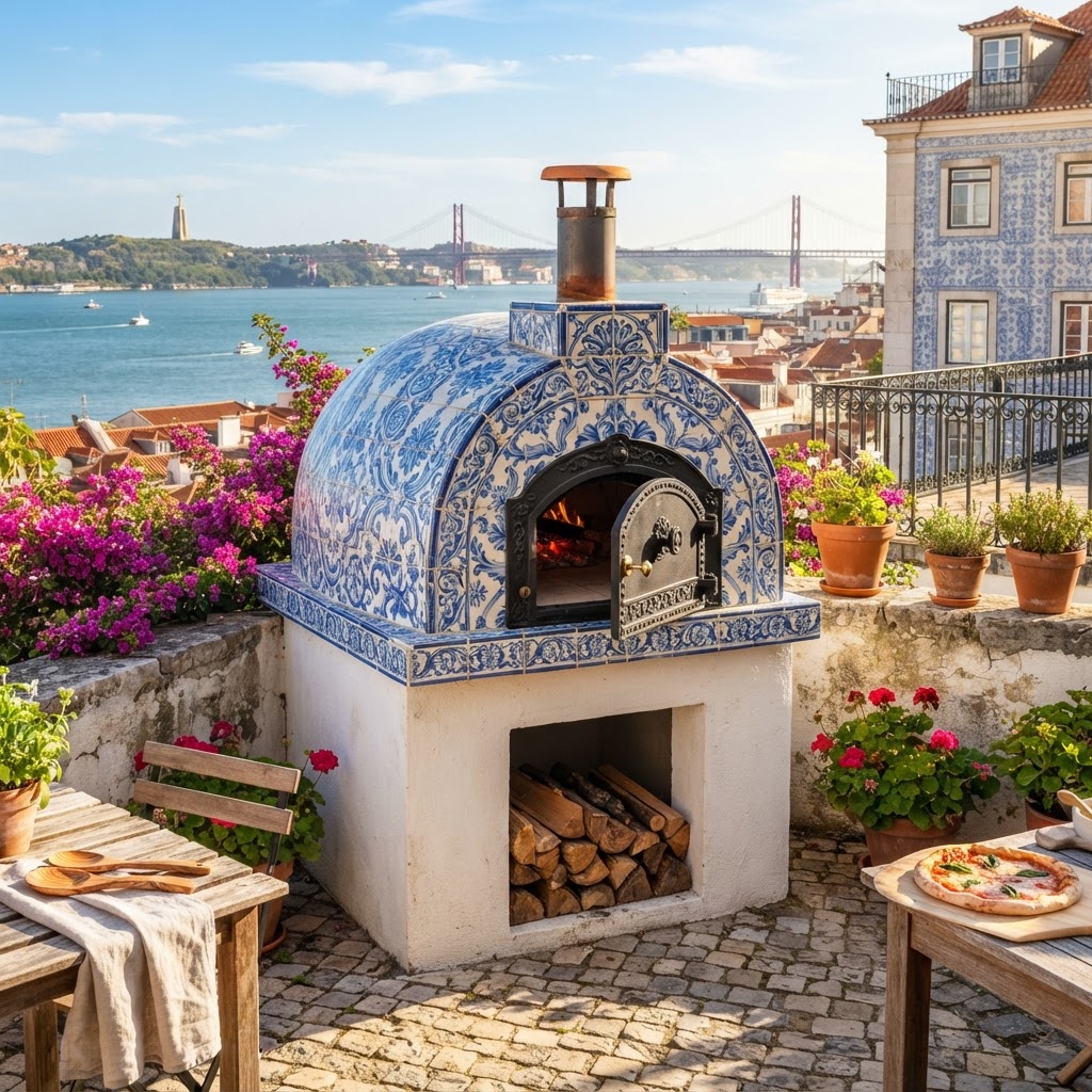 Portuguese Tile style masonry oven finish