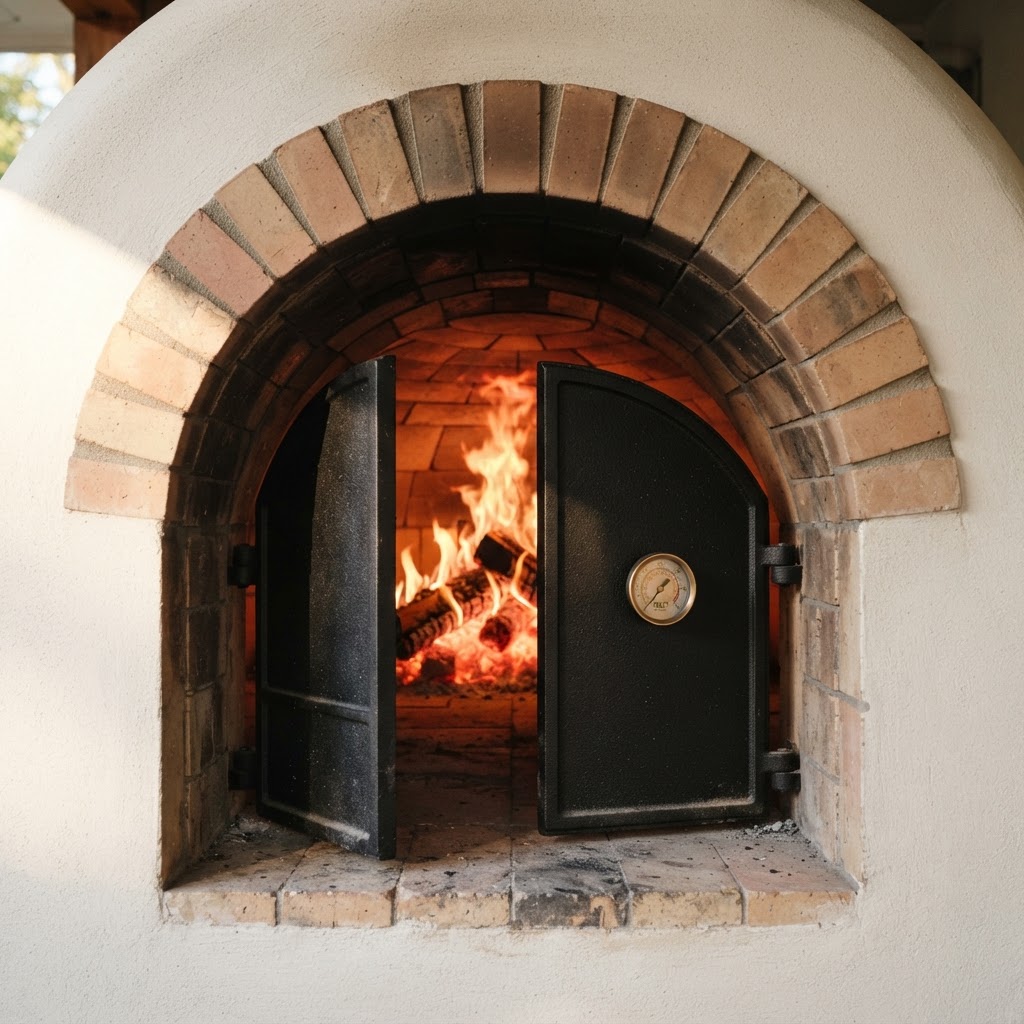 Stainless steel flue, cowling, and oven door with temperature gauge