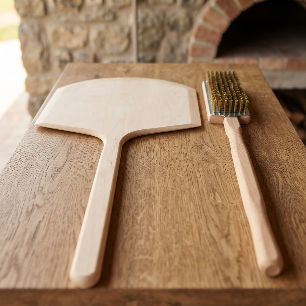 Hardwood pizza peel holding a fresh pizza