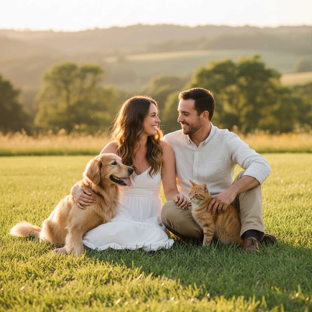 Happy couple with their pets