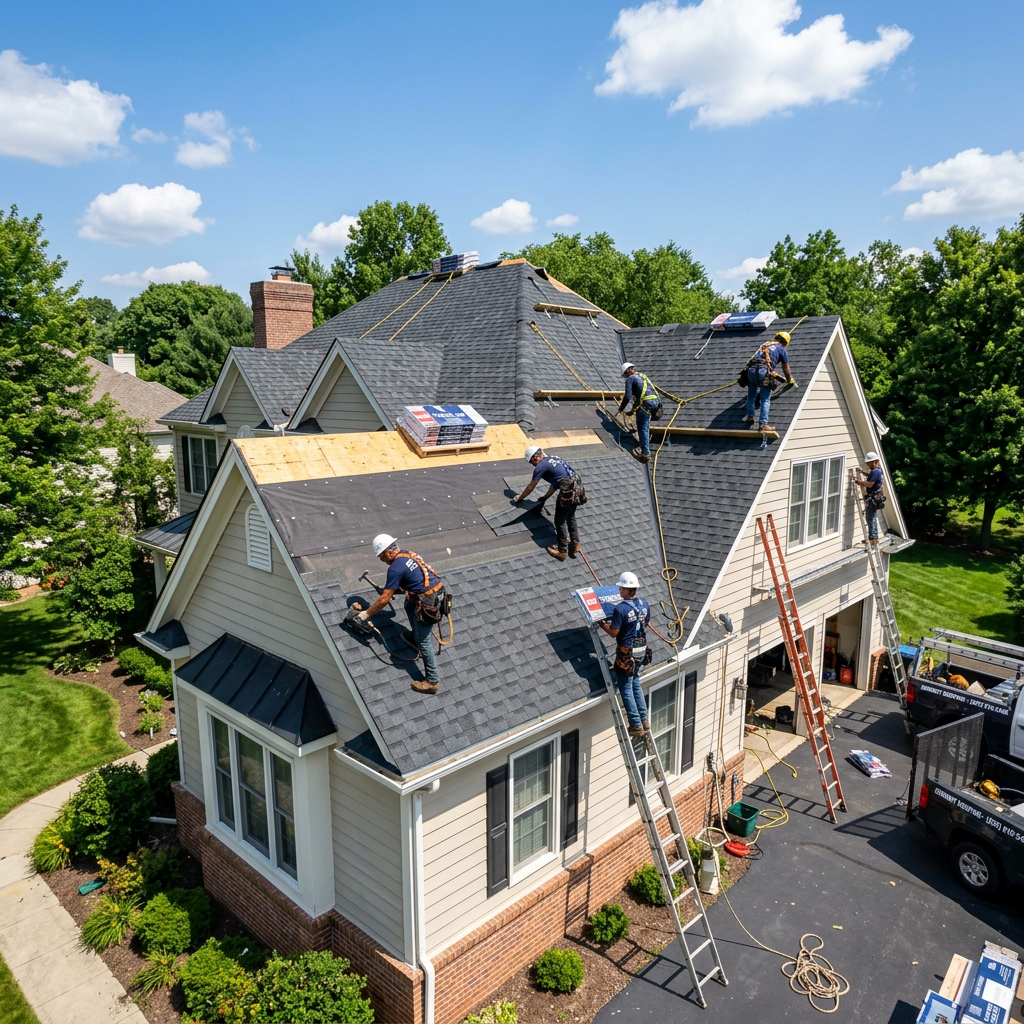 Roofing crew installing shingles