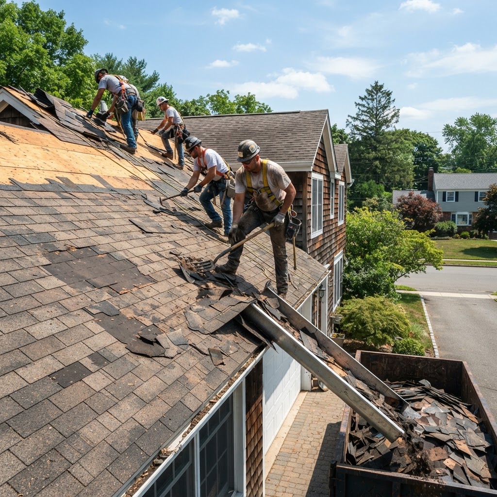 Roof tear-off in progress