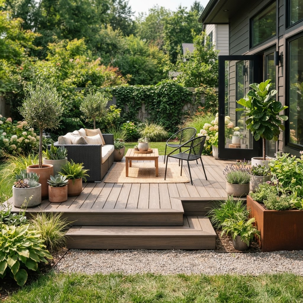 Ground-level deck with plants