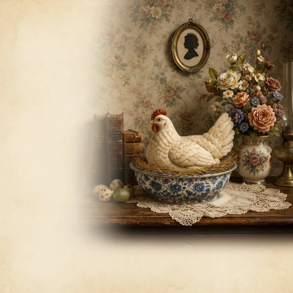 White ceramic hen in a blue porcelain nest bowl surrounded by eggs, antique books, and flowers