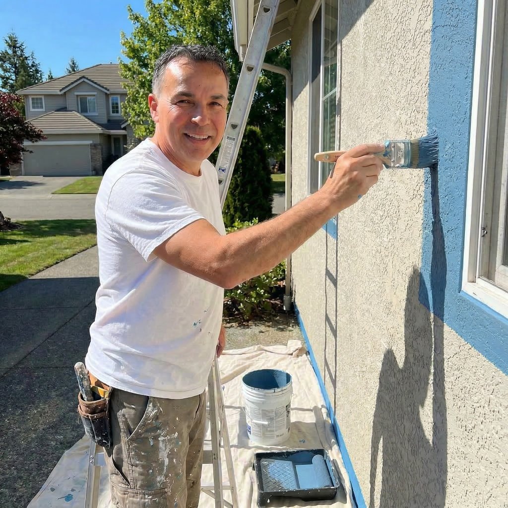 Bane painting the exterior of a house