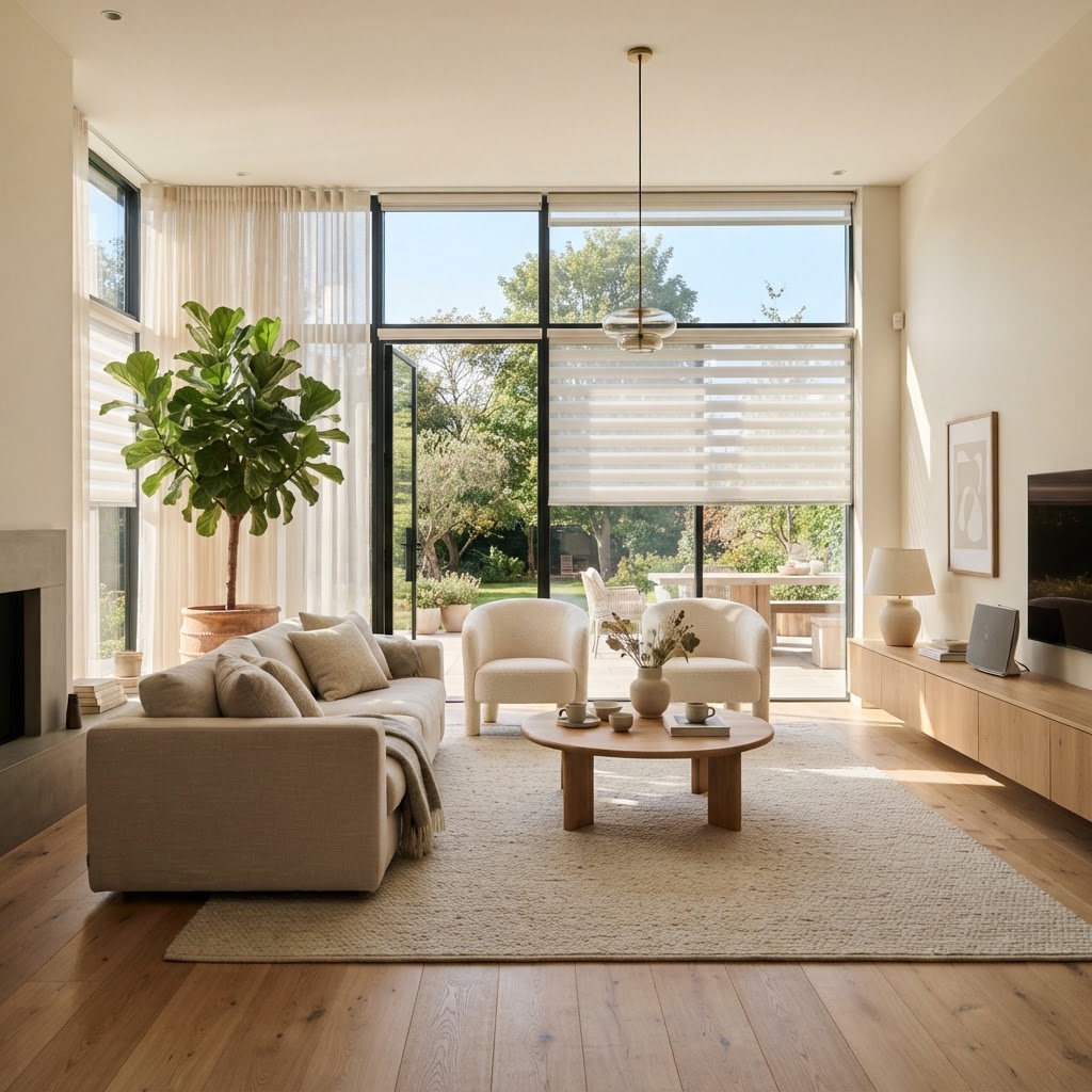 Luxury living room with custom blinds