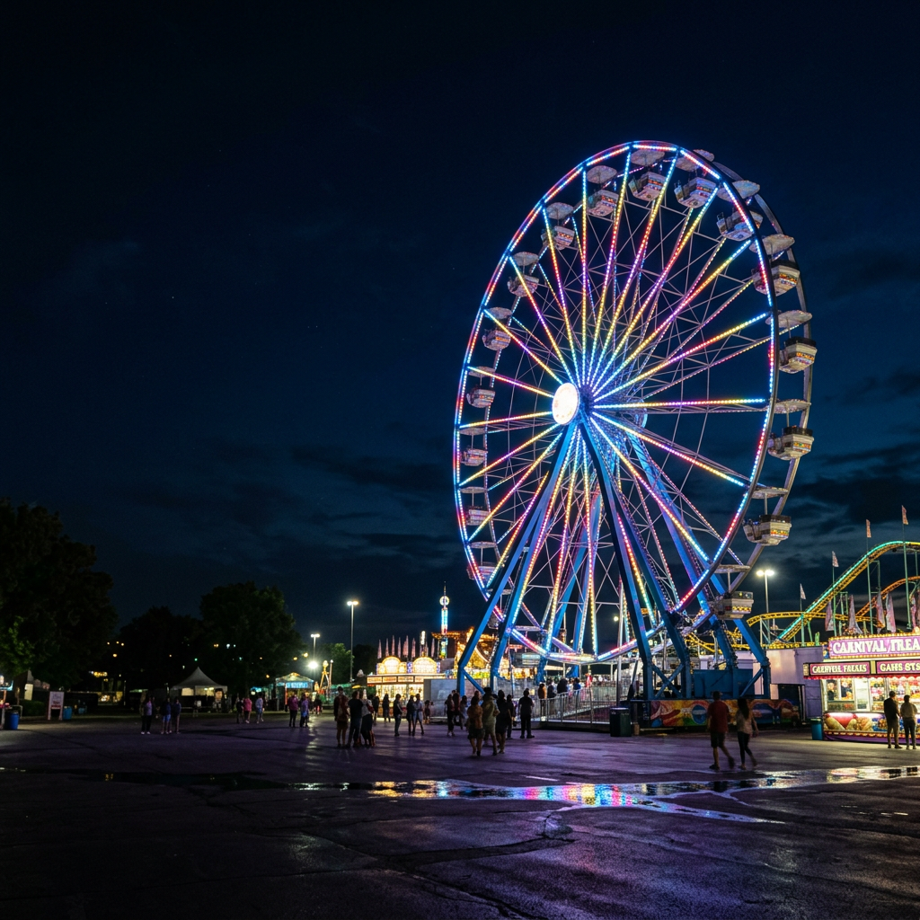 Brightly lit ferris wheel at night