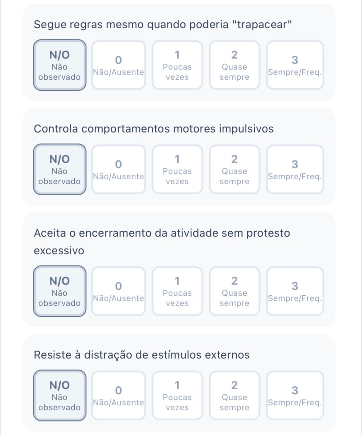 Checklist de observação com escala de zero a três para cada comportamento