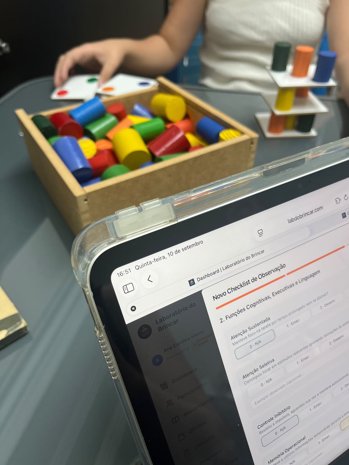 Tela de novo checklist de observação com funções cognitivas e linguagem
