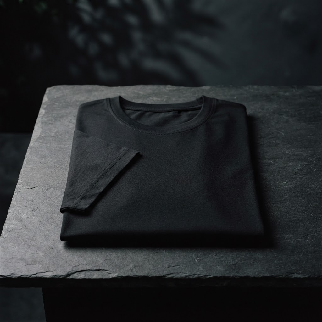 NOCTE Apparel — folded black tee in dark editorial light