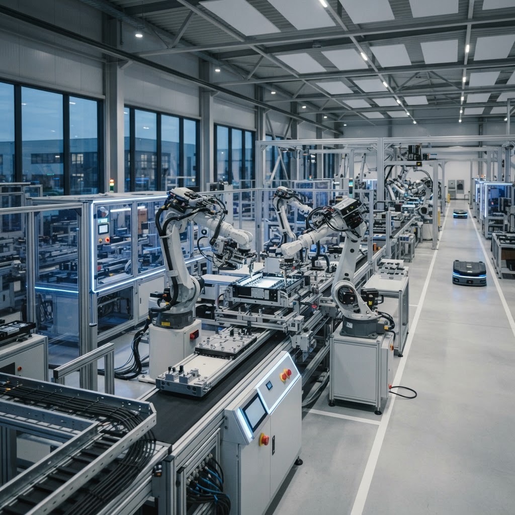 Advanced manufacturing technology with robotic arms on a modern production line