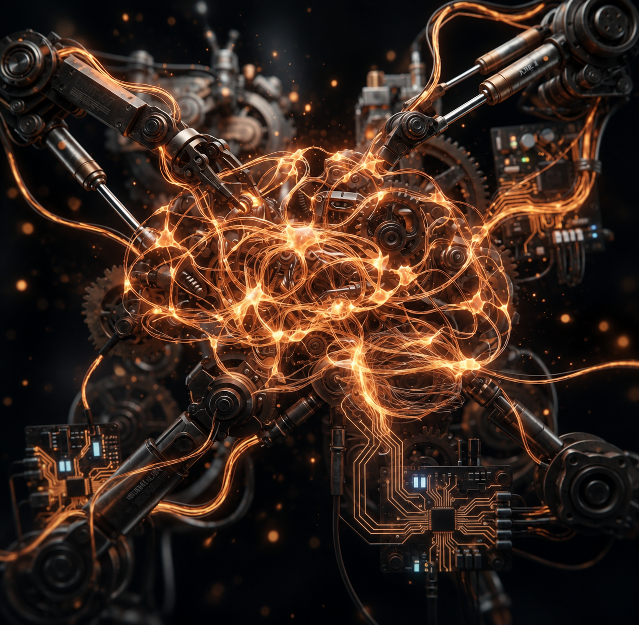 An amber, brain-shaped neural network interwoven with robotic arms, gears, and industrial circuitry against a dark background.