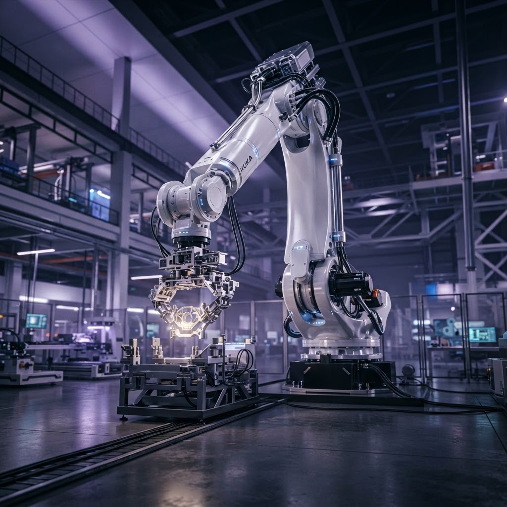 A massive modern industrial robot arm in a sleek manufacturing facility