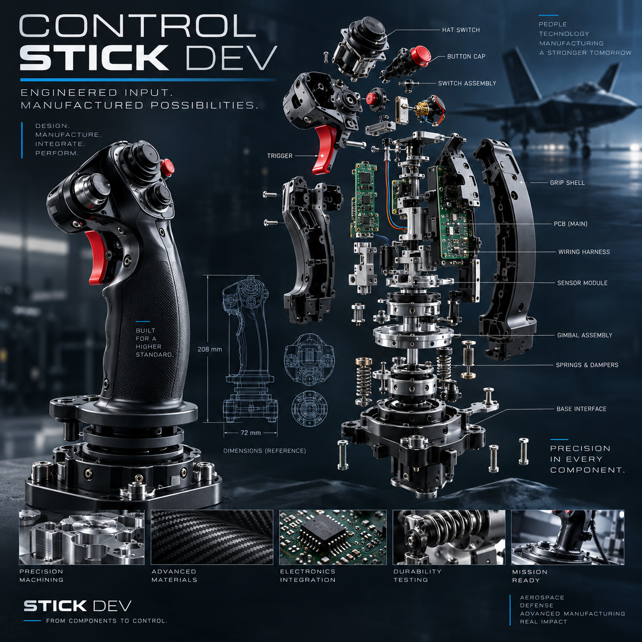 An exploded-view technical study of a flight control stick with assembled unit, blueprint wireframe, and production-stage thumbnails against a dark industrial background.