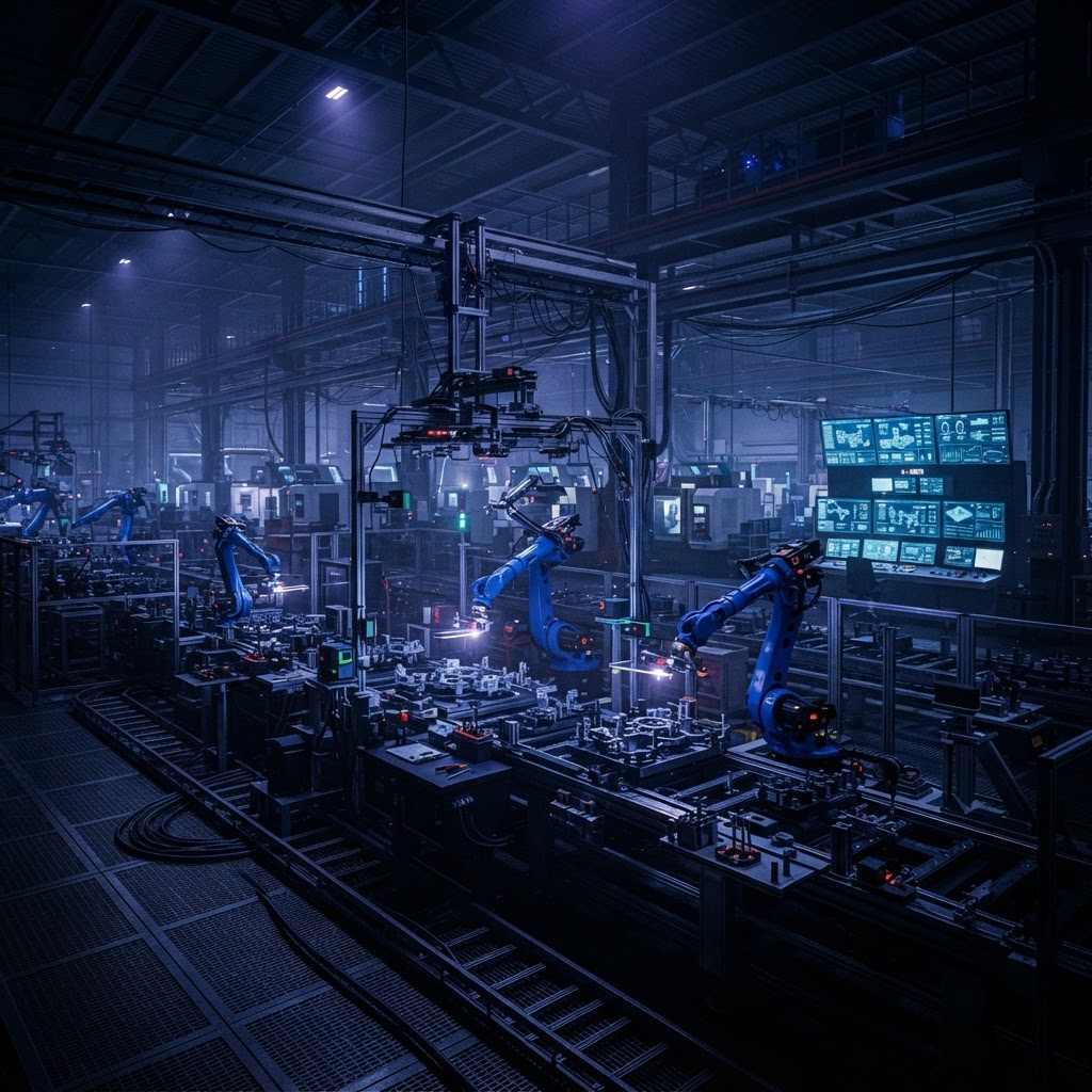 Advanced manufacturing facility with robotic arms and sensor technology