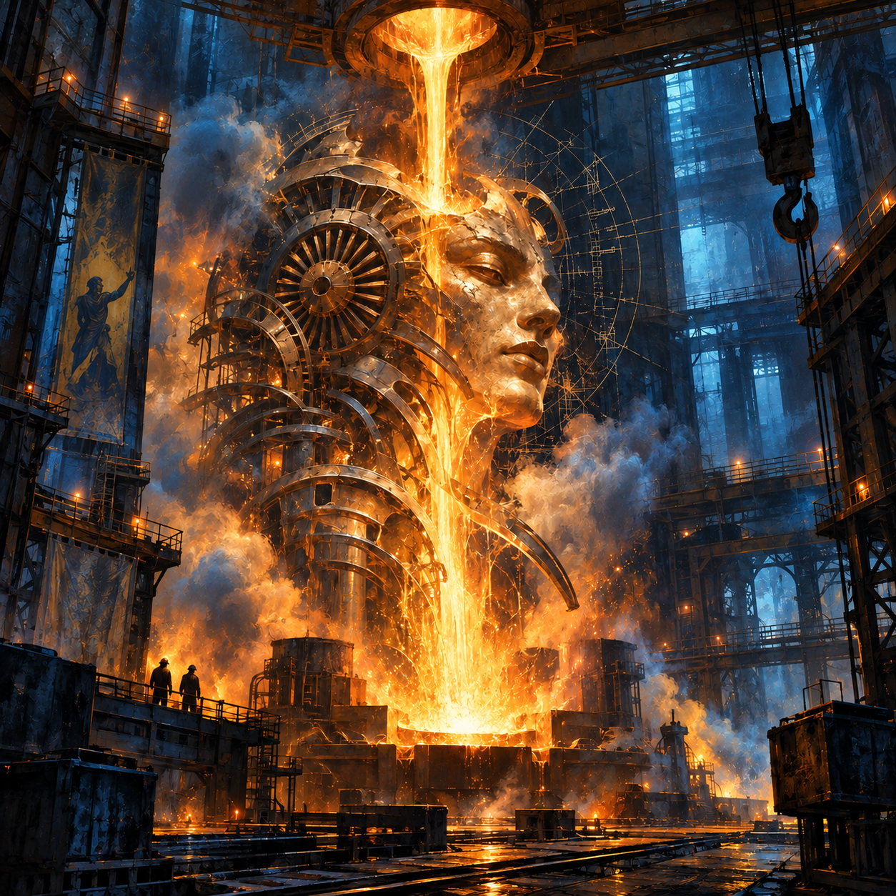 A monumental human face and mechanical torso form around a stream of orange molten metal in a vast foundry, with blue-lit steelwork and small workers on a lower walkway.