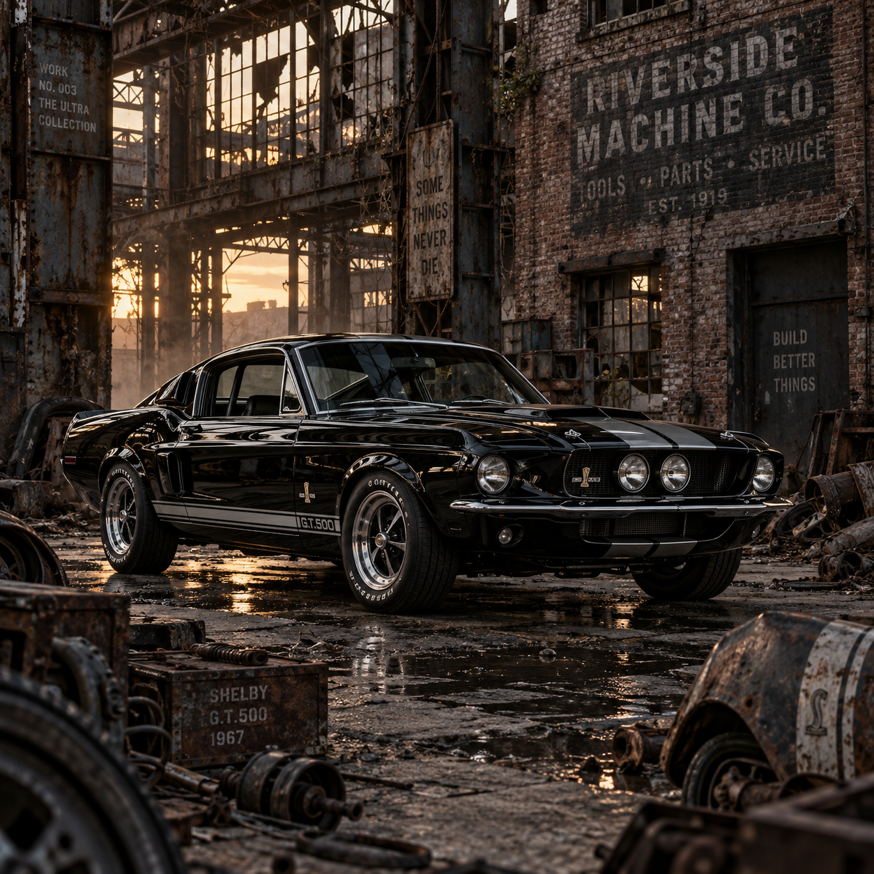 A high-gloss black 1967 Shelby GT500 with silver racing stripes parked inside a decaying industrial salvage yard, bathed in warm golden-hour light filtering through broken window frames.