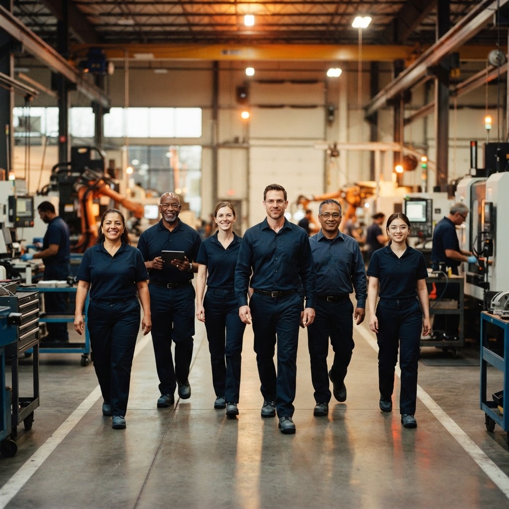 Diverse group of American manufacturing workers walking together