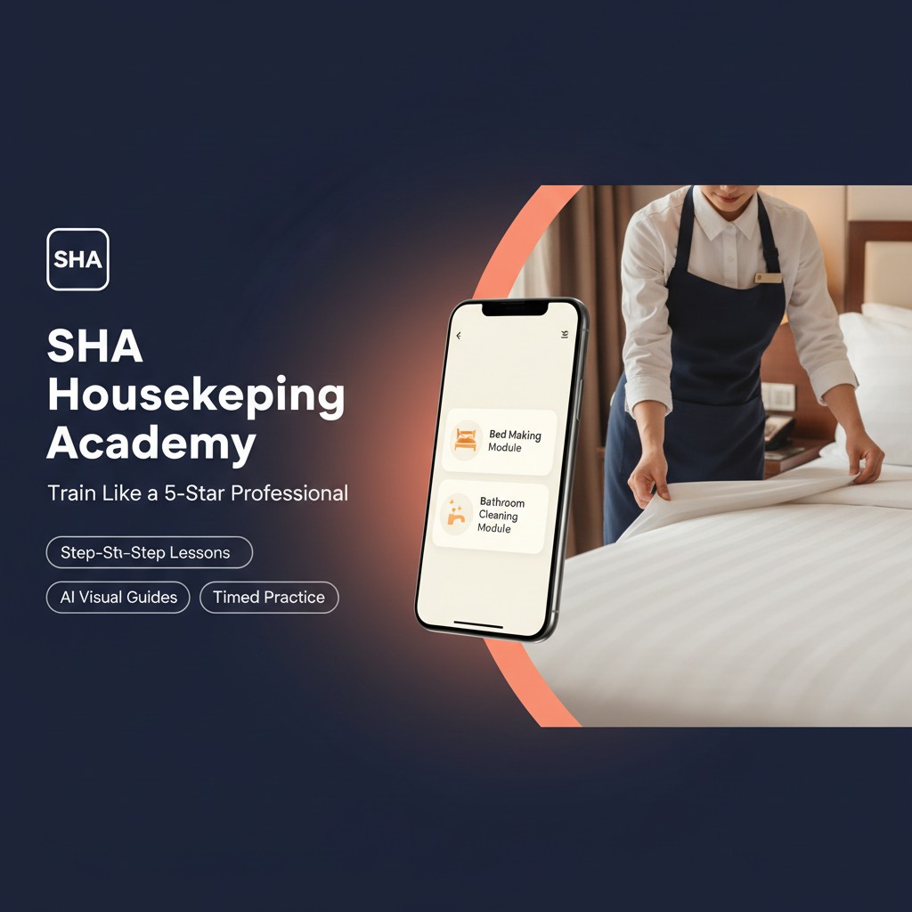 A housekeeper making a bed with the SHA training app shown on a phone
