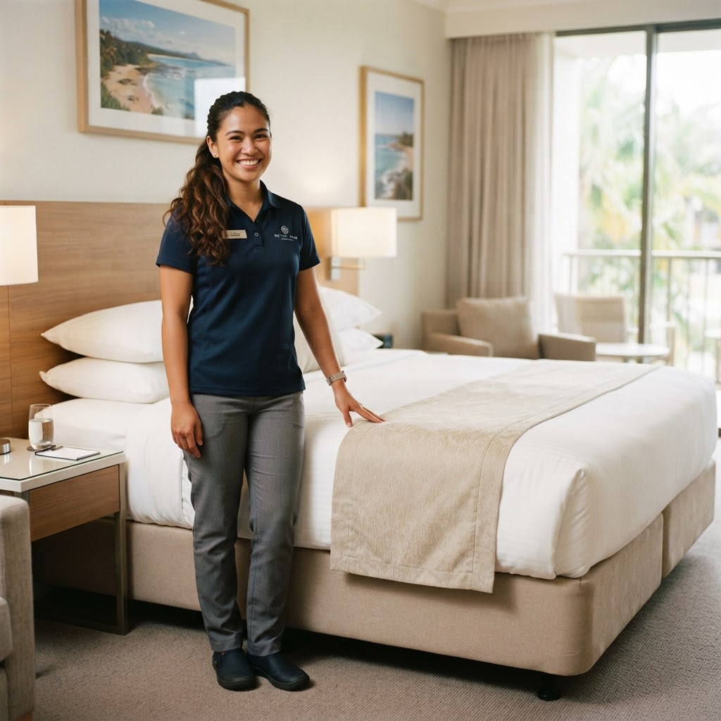 Confident housekeeping graduate beside a perfectly made hotel bed