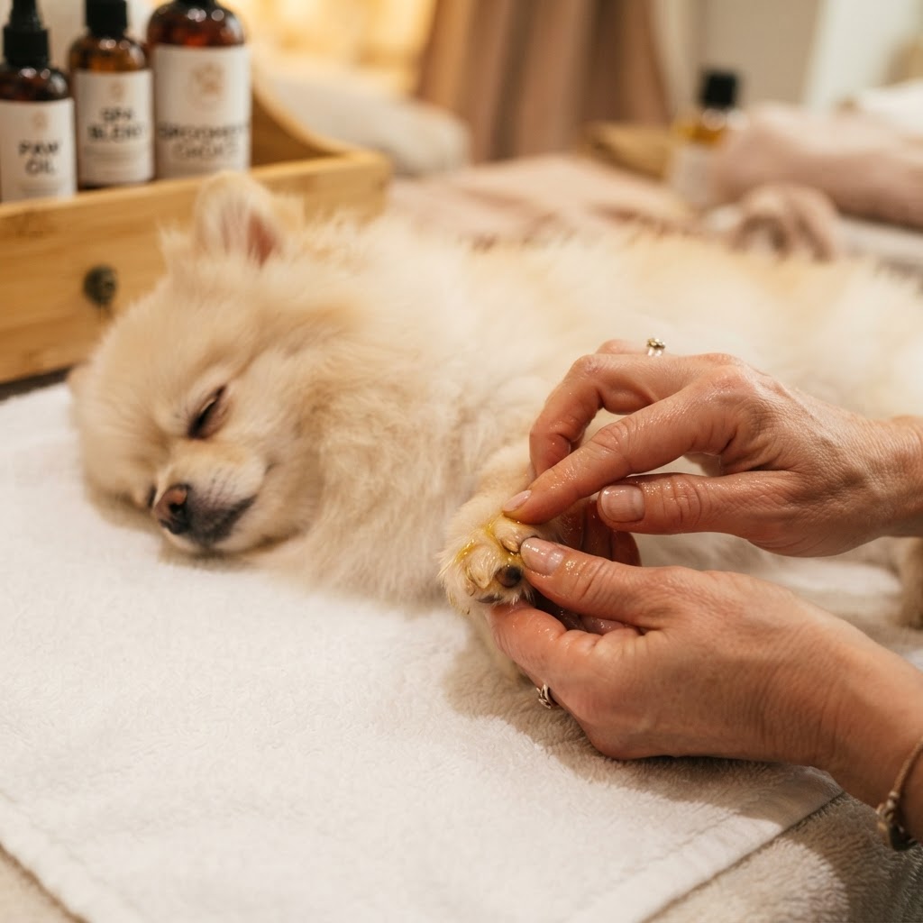 Dog paw being massaged with oil at Fuzz Monsters Pet Grooming