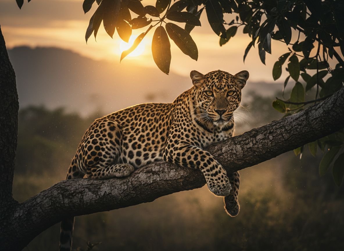 Leopard on tree branch