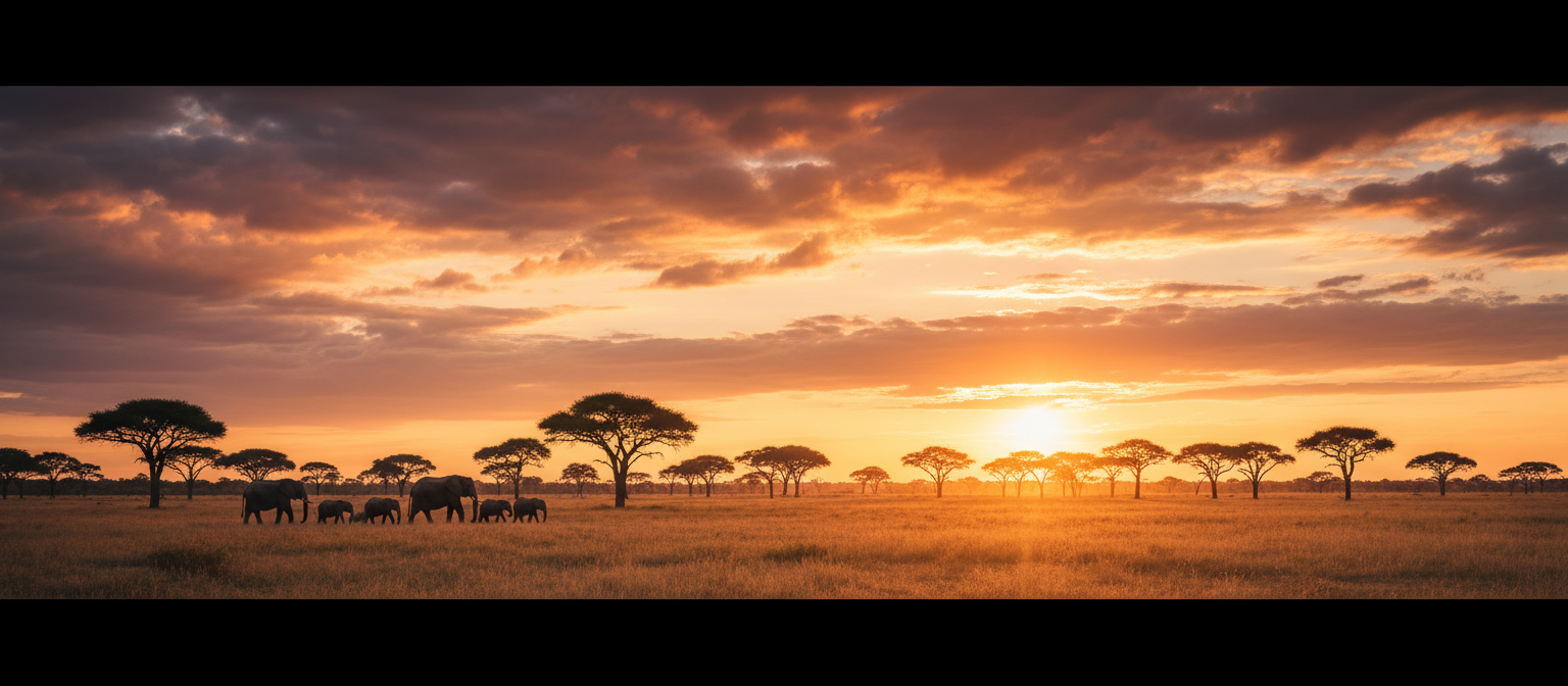 African savanna at golden hour with elephants silhouetted against sunset