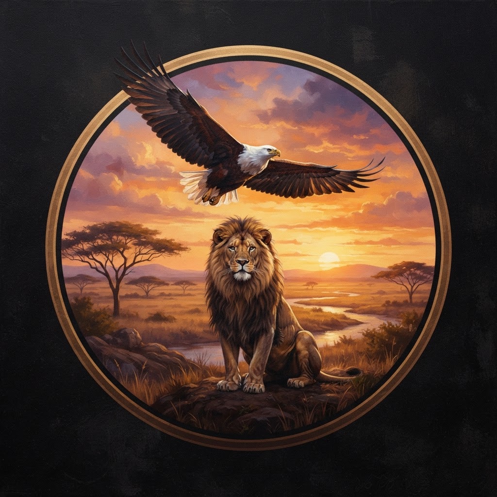 African Wild Seer Safaris Logo — eagle and lion at sundown