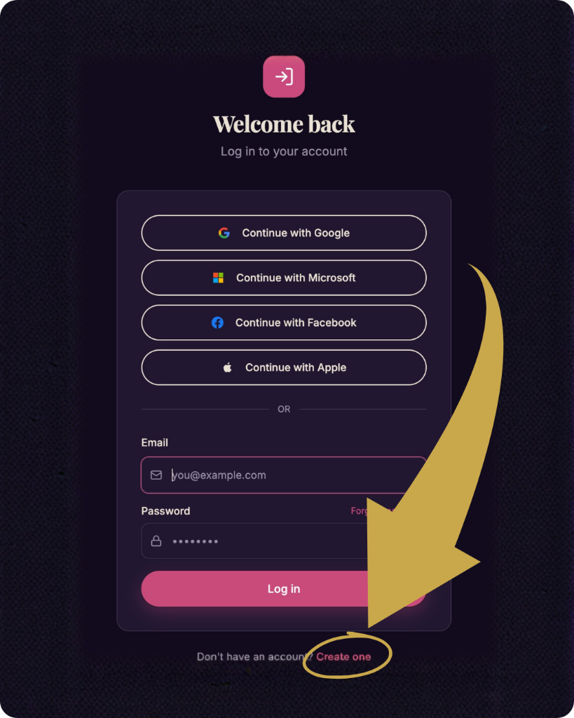 The log-in screen with an arrow pointing to the small "Create one" link at the bottom