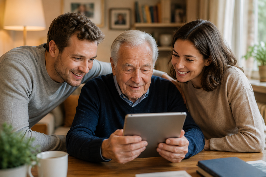 Famille partageant un moment autour d'une tablette