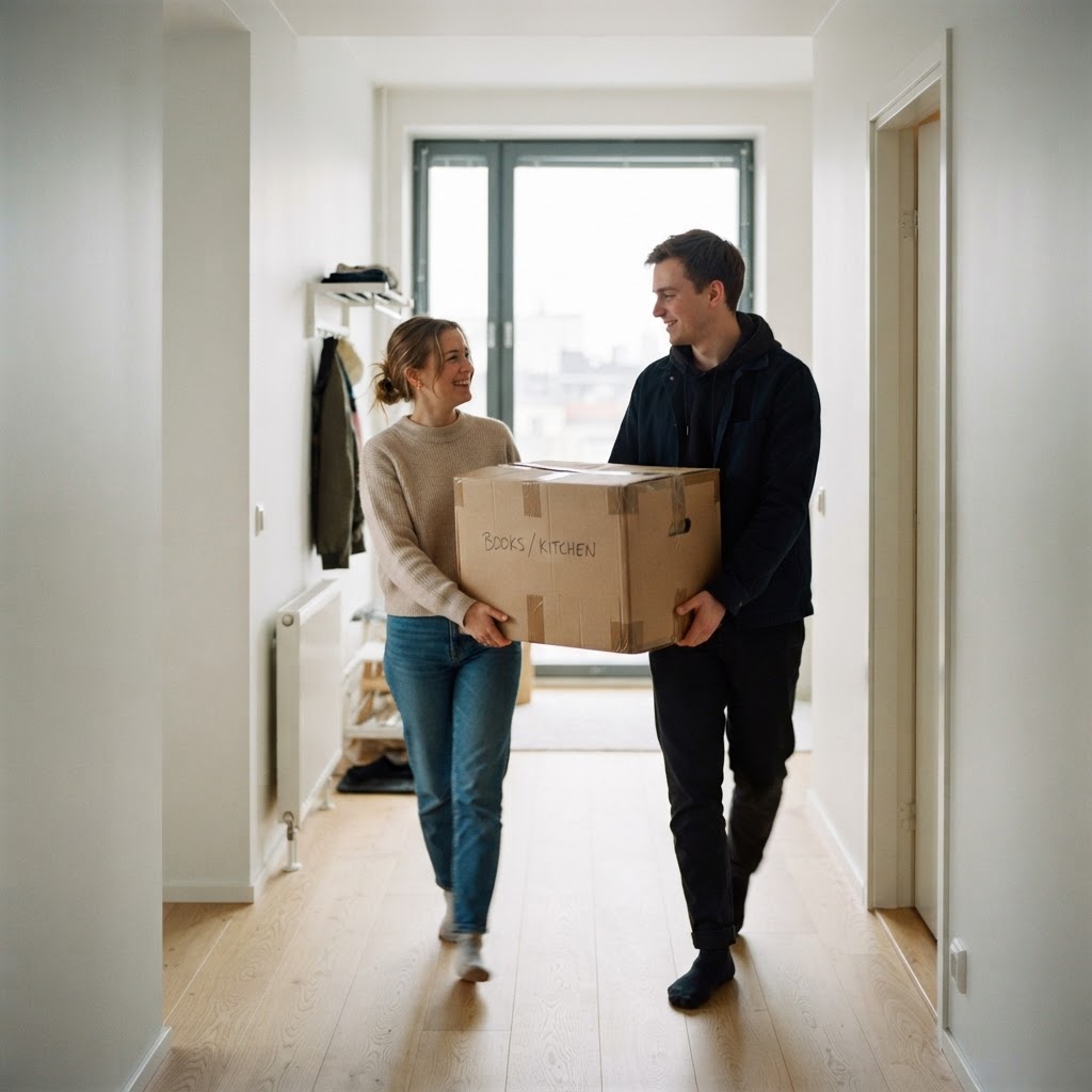 A Tasker helping carry a moving box into a bright Nordic apartment
