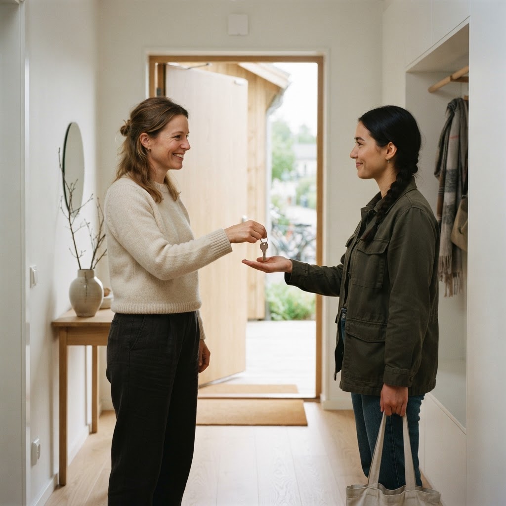 A poster handing over keys to a verified helper at her front door