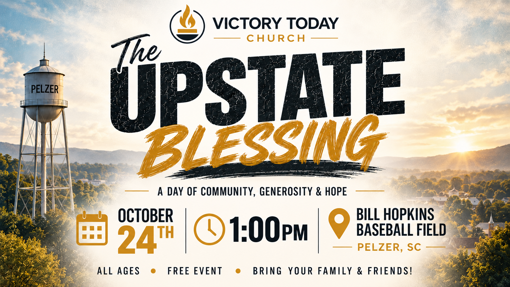 The Upstate Blessing — October 24th at Bill Hopkins Baseball Field, Pelzer, SC. A day of community, generosity, and hope. All ages, free event, bring your family and friends!