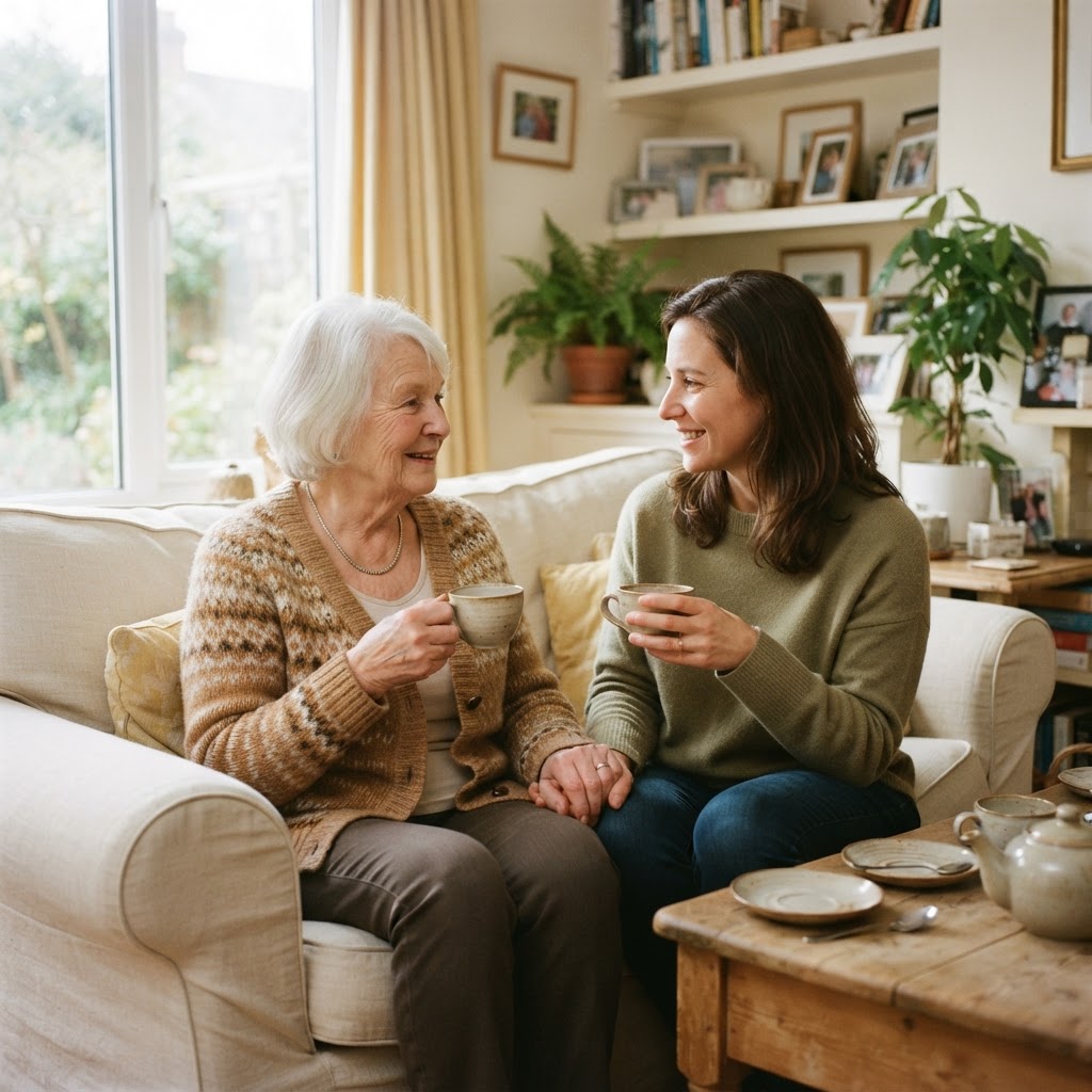 An older mother and her adult daughter having a warm, comfortable conversation together on the couch