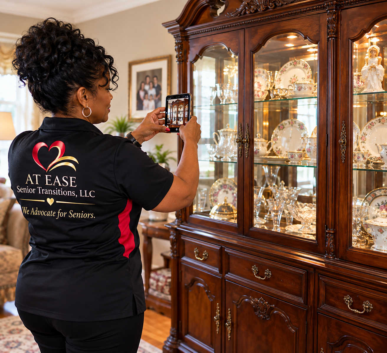 An At Ease team member documenting cherished china and glassware