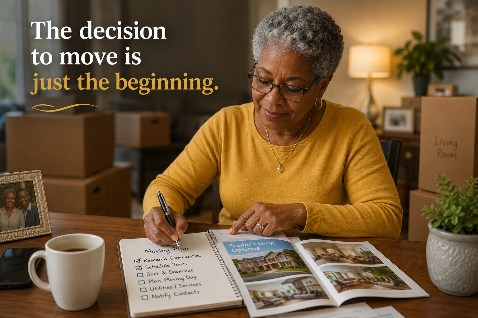 A senior woman writing out her moving plan at the kitchen table